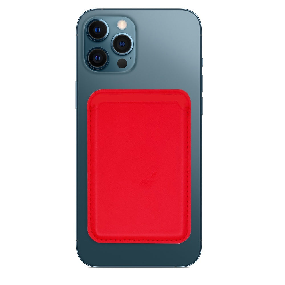 MagSafe leather card holder wallet attached to the back of a blue smartphone, featuring a bright red design.