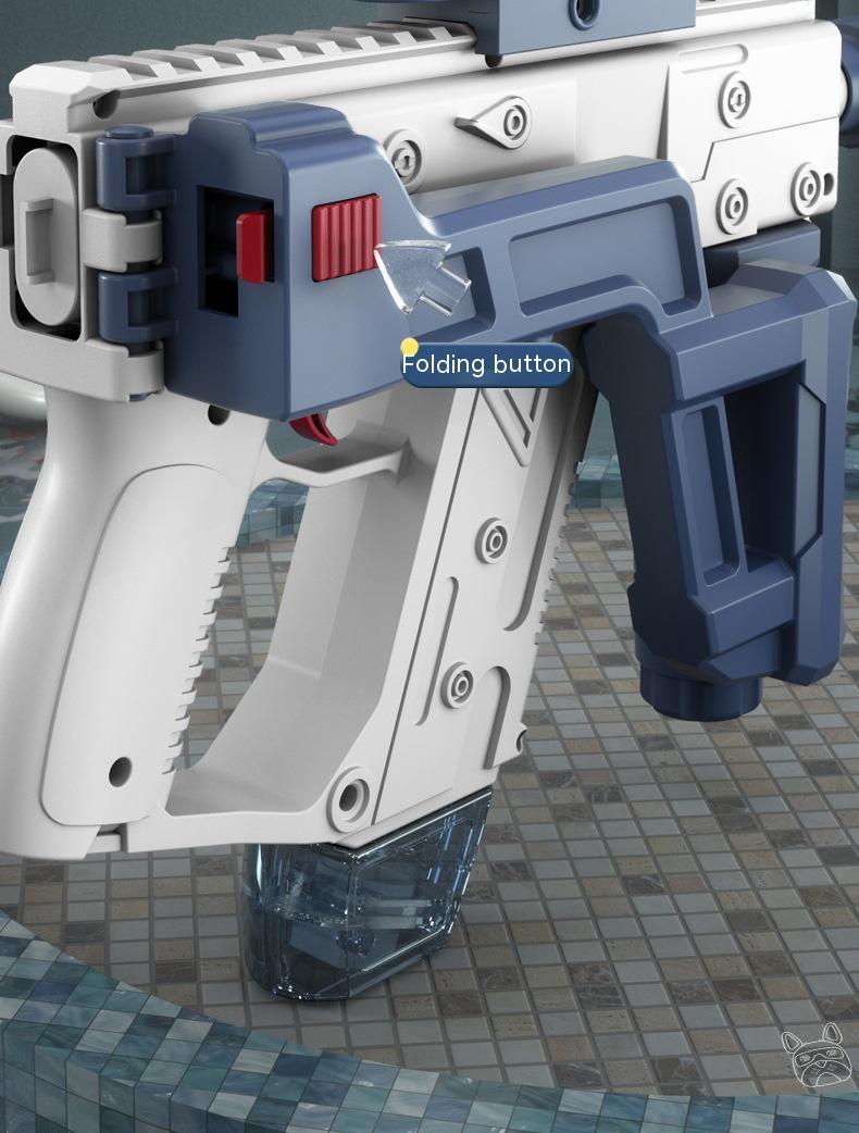 Close-up of large capacity electric water gun with a folding button design on the handle.
