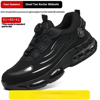 Men's safety shoes with puncture protection, black, steel toe, lightweight, breathable design, suitable for various safety applications.