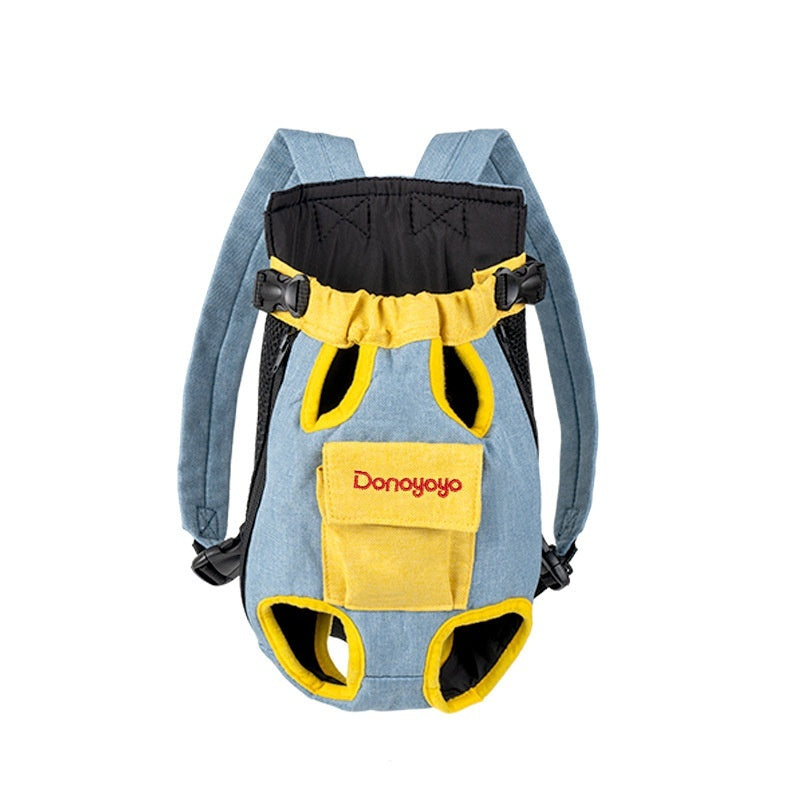 Portable backpack for pet outings in blue and yellow design, perfect for small pets.