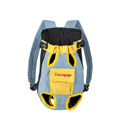 Portable backpack for pet outings in blue and yellow design, perfect for small pets.