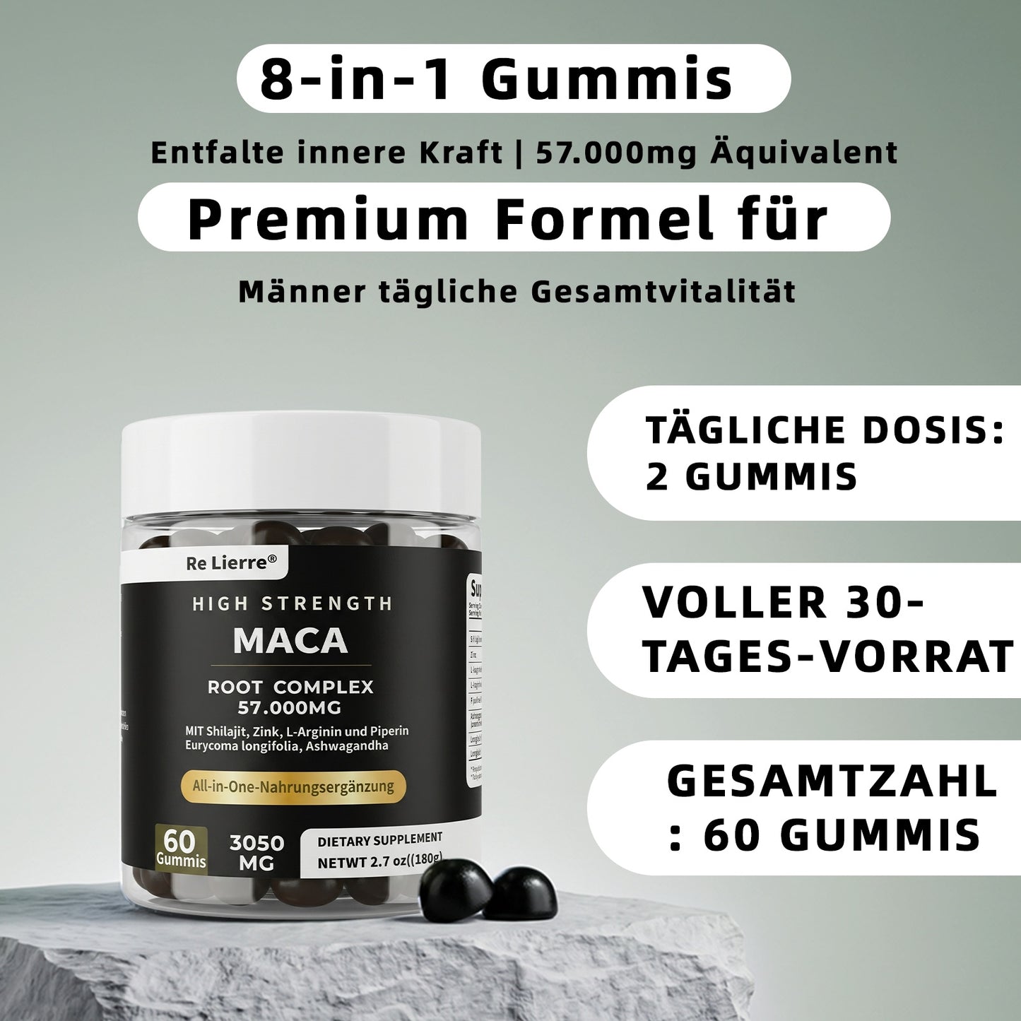 Re Lierre maca root complex gummies container with 60 gummies for men's daily wellness and vitality support.