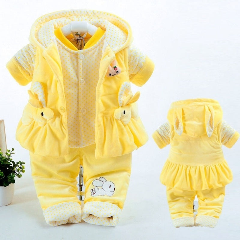 Yellow girls autumn winter clothing suits featuring a cute bunny design, perfect for middle school children.