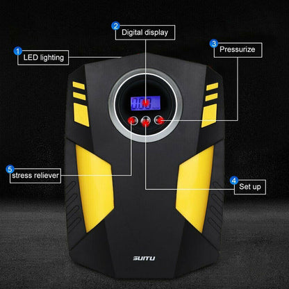 Portable digital tire inflator with digital display and LED lighting features for easy use.