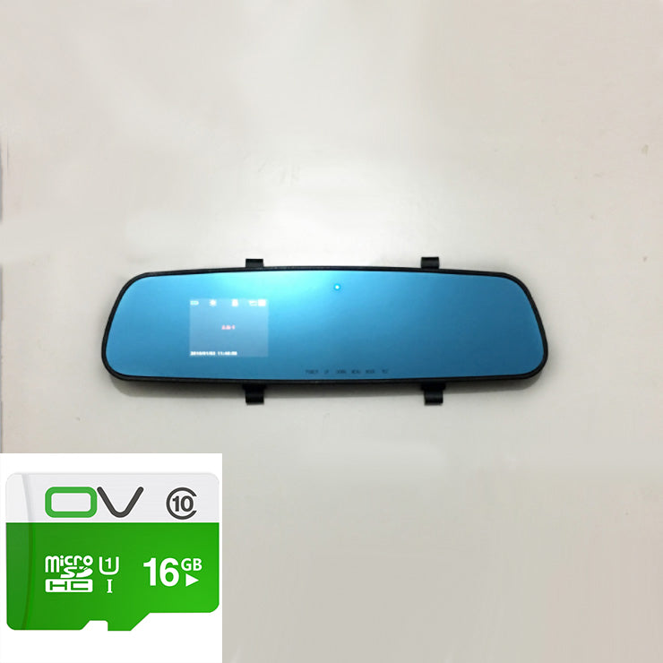 1080P HD rearview mirror driving recorder with built-in display and 16GB micro SD card.