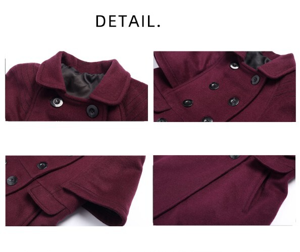 Detail views of girls wine red cashmere coat showcasing fabric texture, buttons, and elegant design features.
