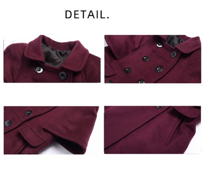 Detail views of girls wine red cashmere coat showcasing fabric texture, buttons, and elegant design features.