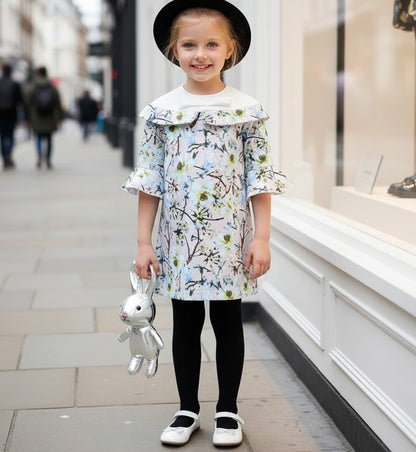 Girls Elegant Floral Printed Toddlers Detachable Sleeve Princess Dress with Bunny Toy