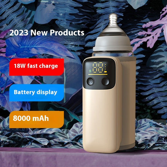 Universal baby bottle warmer cover displaying 2023 features like 18W fast charge and 8000 mAh battery under colorful foliage.