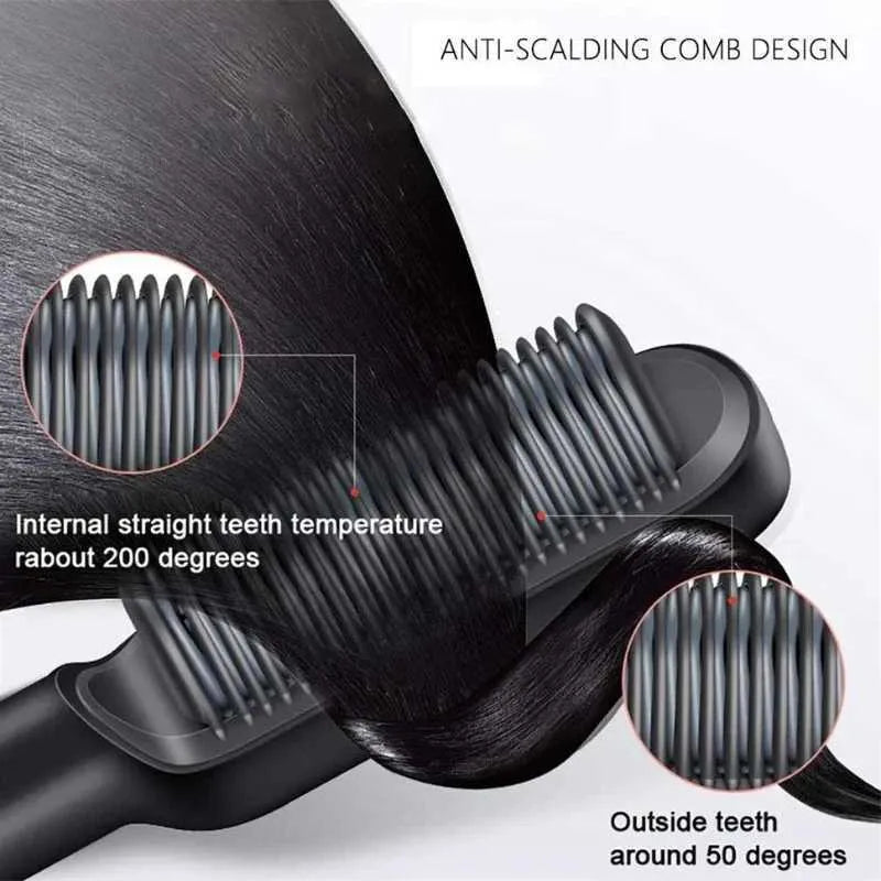 2-in-1 Negative Ion Hair Straightener Comb showing anti-scalding comb design and temperature details.