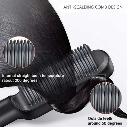 2-in-1 Negative Ion Hair Straightener Comb showing anti-scalding comb design and temperature details.