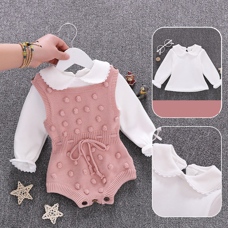 100% cotton baby clothes set featuring a pink romper with white long sleeves and adorable dot details.