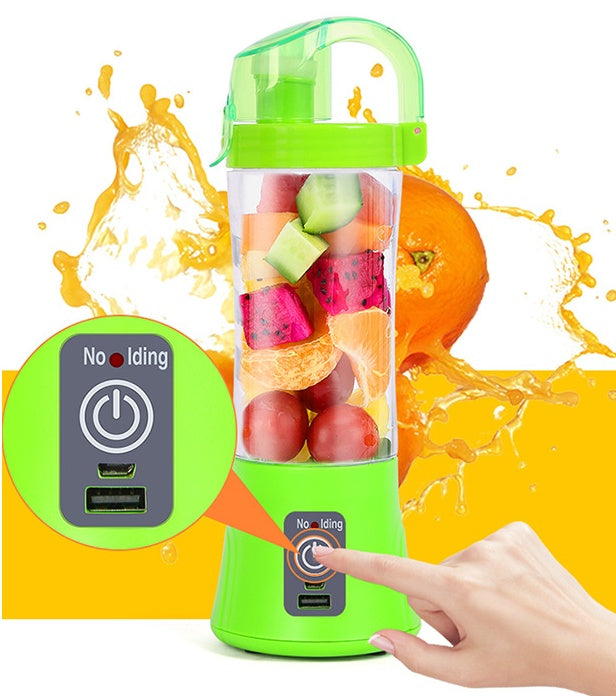 USB rechargeable portable juicer with colorful fruits and a user-friendly design for smoothies and juices.