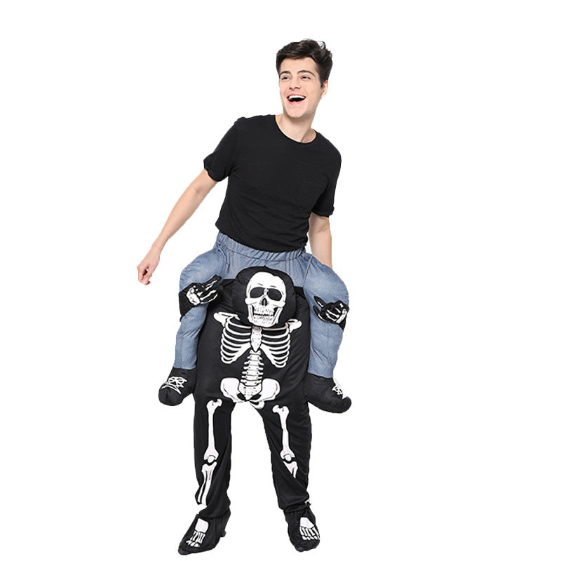 A person wearing a skeleton rocking horse costume, perfect for Halloween funny costume parties.