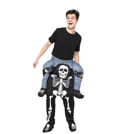 A person wearing a skeleton rocking horse costume, perfect for Halloween funny costume parties.