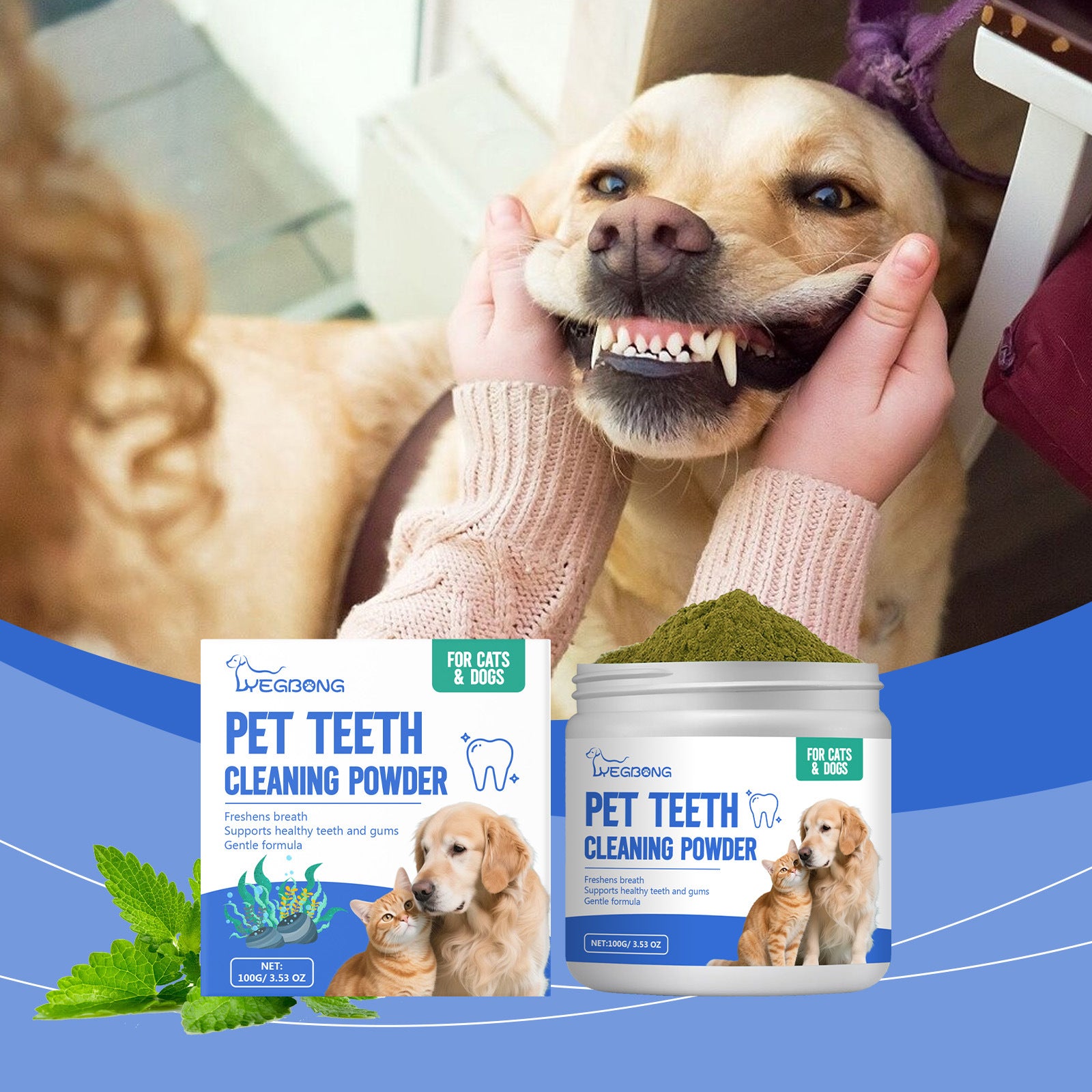 Cat and dog dental cleaning powder with packaging, showing fresh breath and gum care benefits.