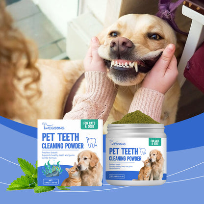 Cat and dog dental cleaning powder with packaging, showing fresh breath and gum care benefits.