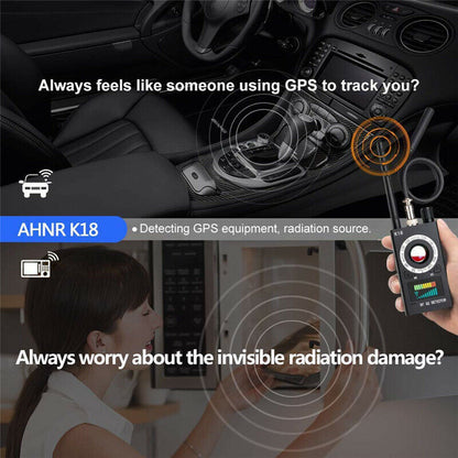 Hidden Camera Detector Locator GPS Bug Radio Detector Anti Spy Device in use for detecting hidden devices and radiation.