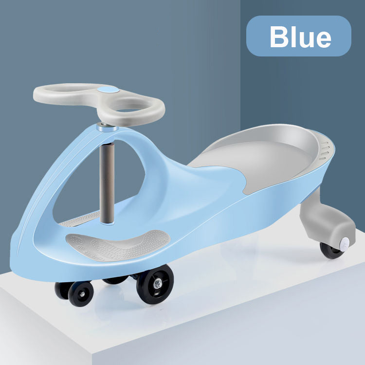 Children's swing car toy in blue color with swivel design and covered wheels for safe play.