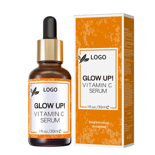 Vitamin C facial serum in a brown glass bottle with a dropper and orange packaging.