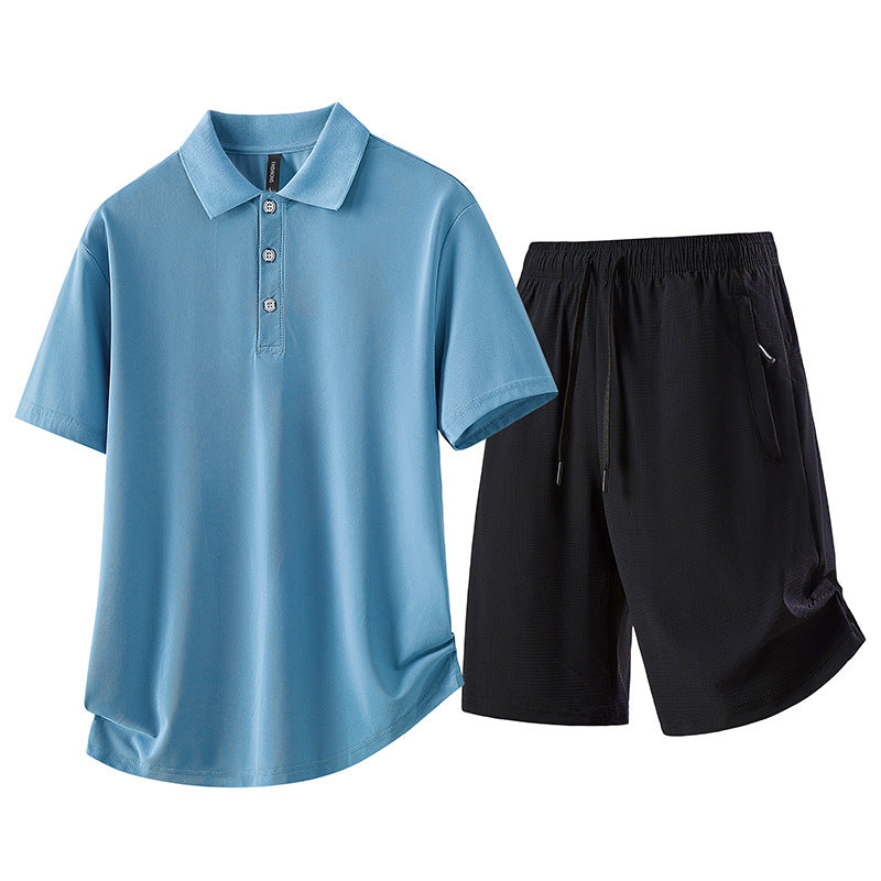 casual polo shirt set for men featuring a sky blue short-sleeve polo and black shorts.