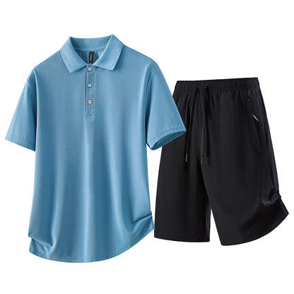 casual polo shirt set for men featuring a sky blue short-sleeve polo and black shorts.
