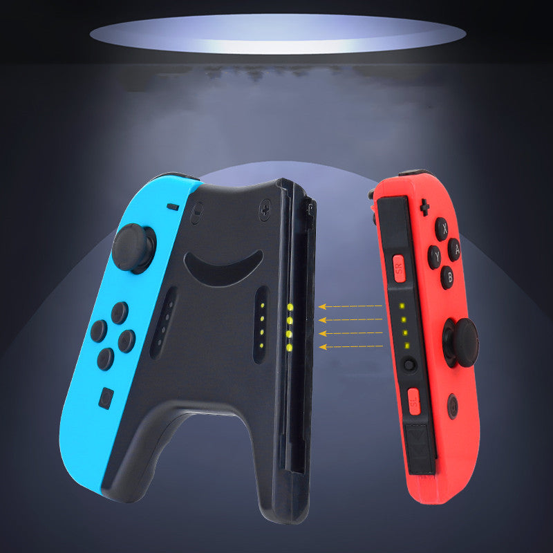 Ergonomic handle accessories bracket displayed with Joy-Con controllers in blue and red colors.