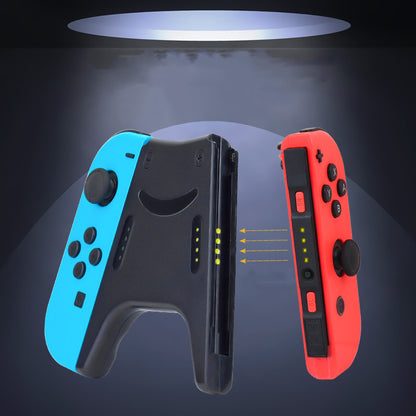 Ergonomic handle accessories bracket displayed with Joy-Con controllers in blue and red colors.