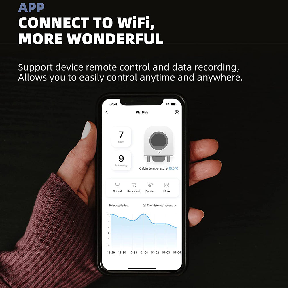 Person using an app to control the automatic smart cat litter box remotely via WiFi.