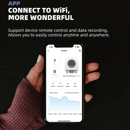 Person using an app to control the automatic smart cat litter box remotely via WiFi.
