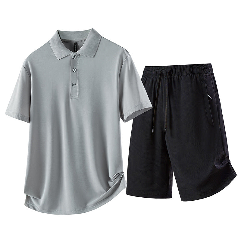 casual polo shirt set for men in gray and black, short-sleeve top with shorts for comfortable wear.