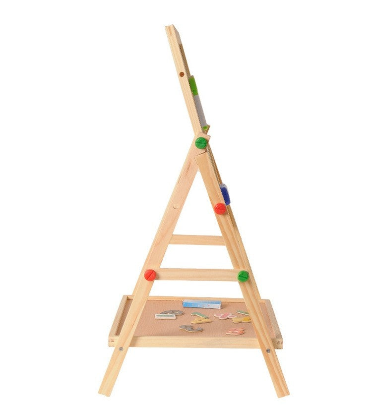 Kids 2 in 1 drawing board displayed from the side, showing adjustable height and magnetic features.