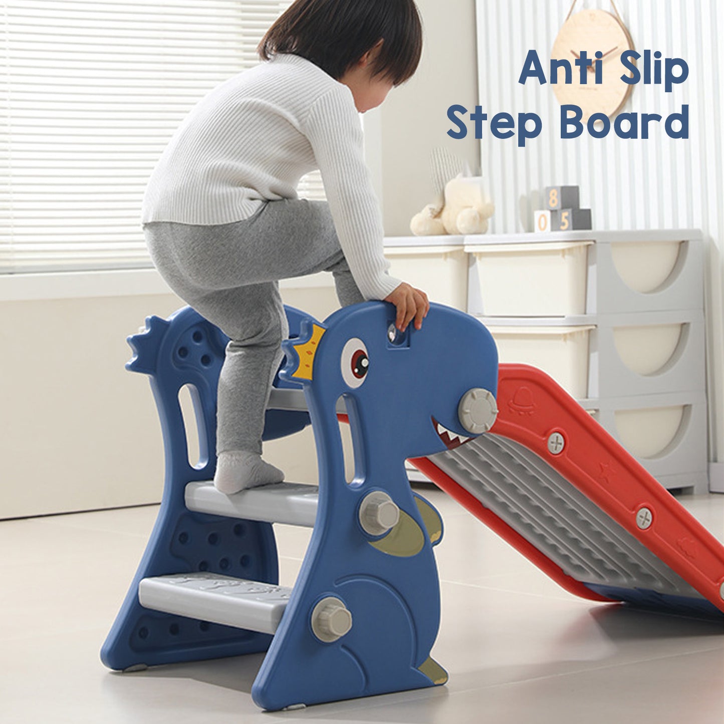 Toddler using the dinosaur indoor slide for toddlers with anti-slip step board in a playroom setting.