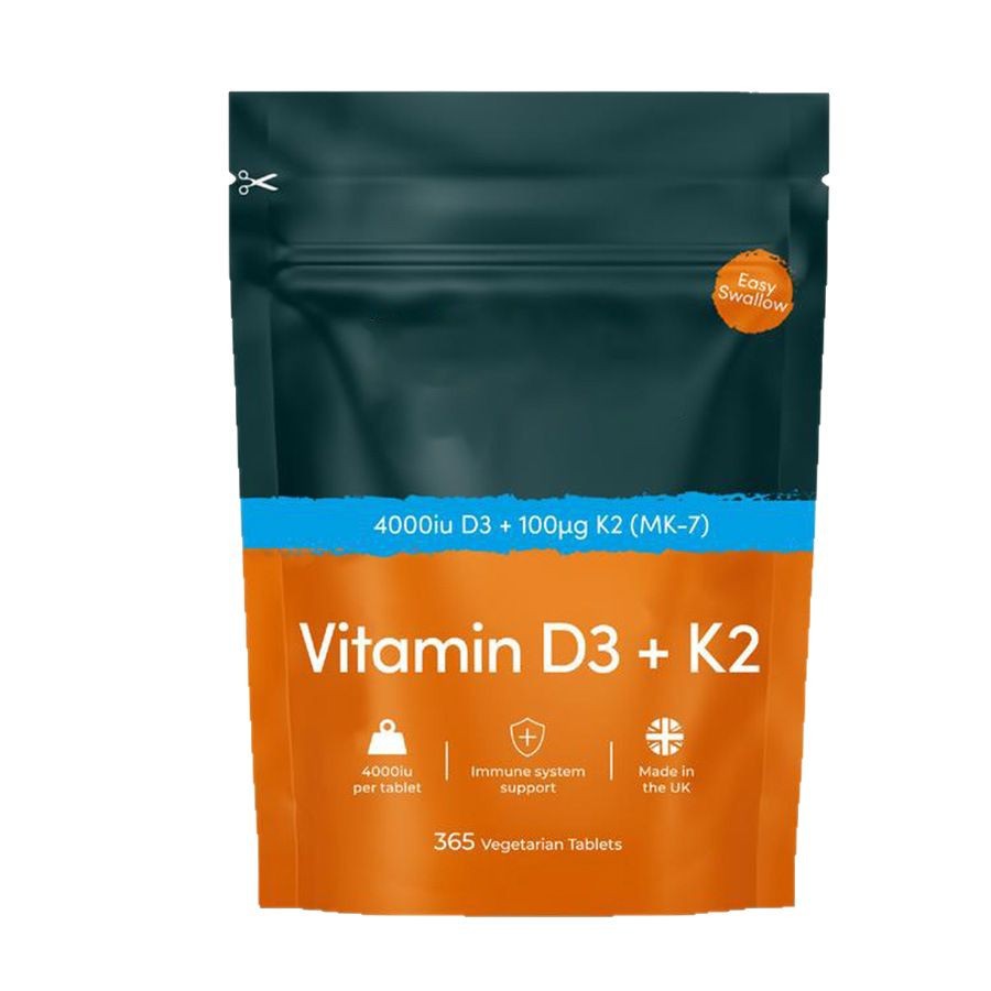 Vitamin D3 K2 tablets 365 pieces packaging featuring 4000iu D3 and 100µg K2 for immune system support.