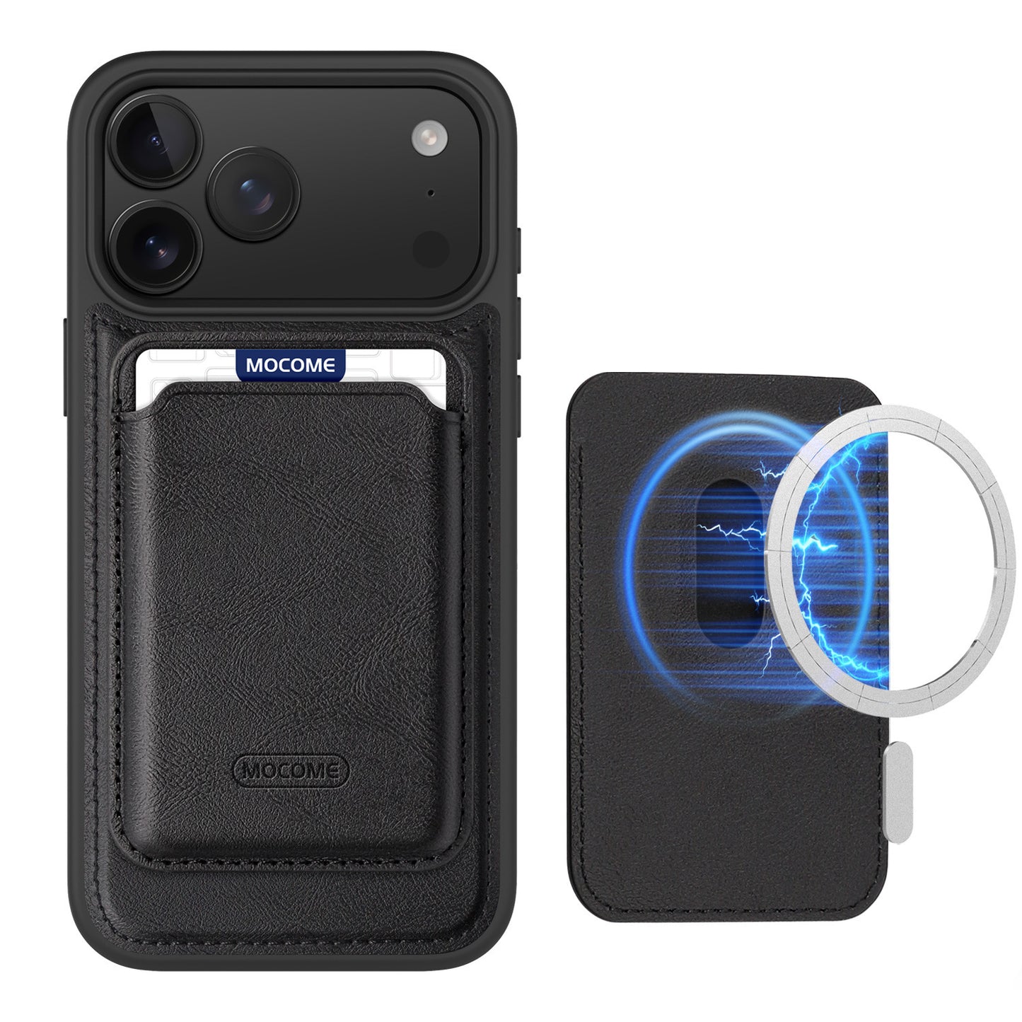 magnetic leather card holder for iPhone 17 Pro Max in black, showcasing a phone with a card holder and a magnetic feature.
