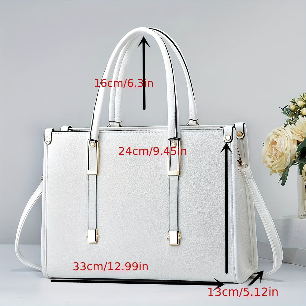 Elegant multifunctional tote handbag with measurements, showcasing a large capacity in elegant white color.