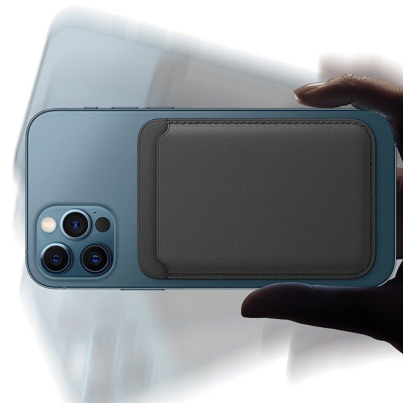 MagSafe leather card holder wallet attached to the back of a smartphone, showcasing its sleek design and functionality.