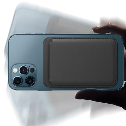 MagSafe leather card holder wallet attached to the back of a smartphone, showcasing its sleek design and functionality.