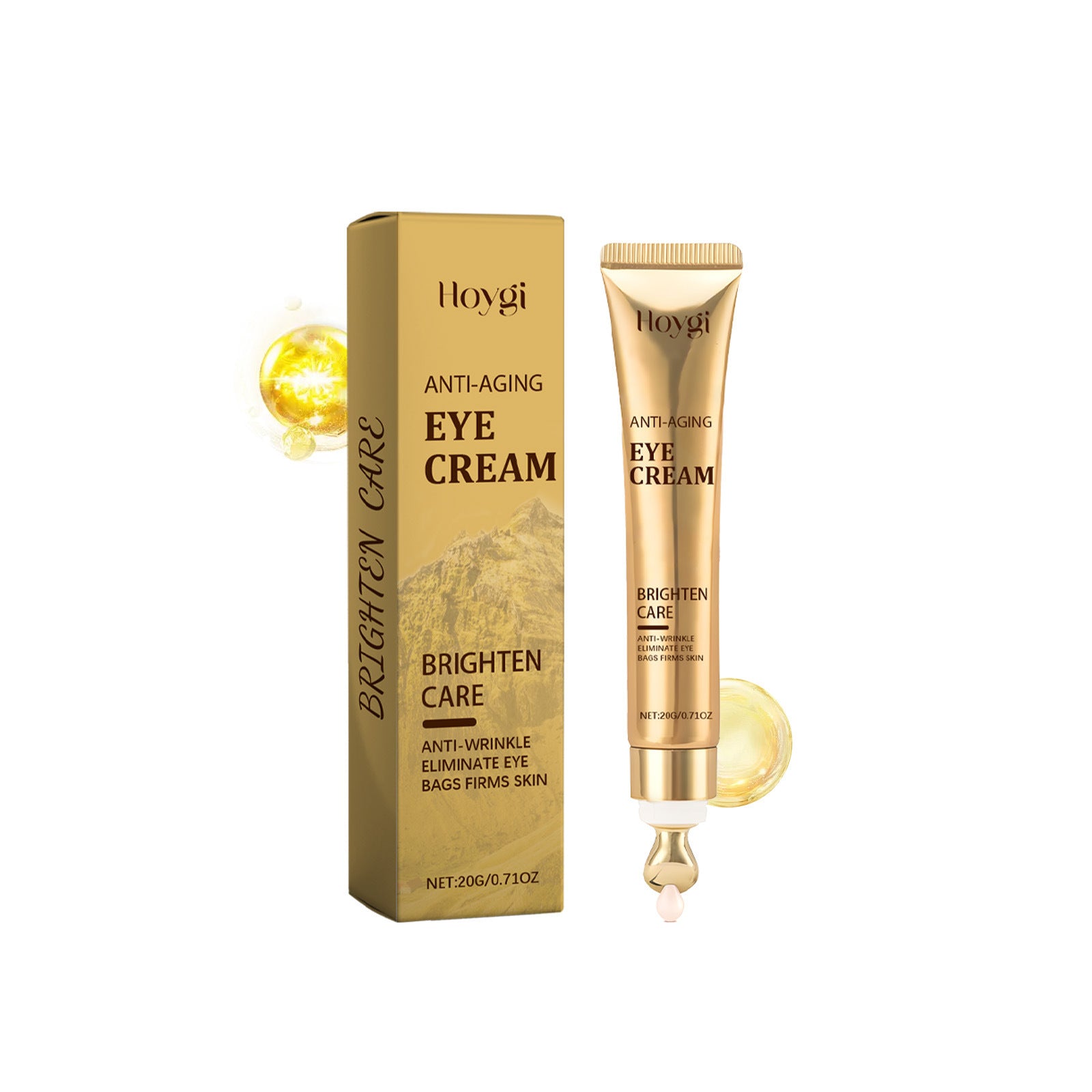 Firming eye cream for moisturizing in a sleek golden tube with a box packaging, ideal for brightening and anti-aging.