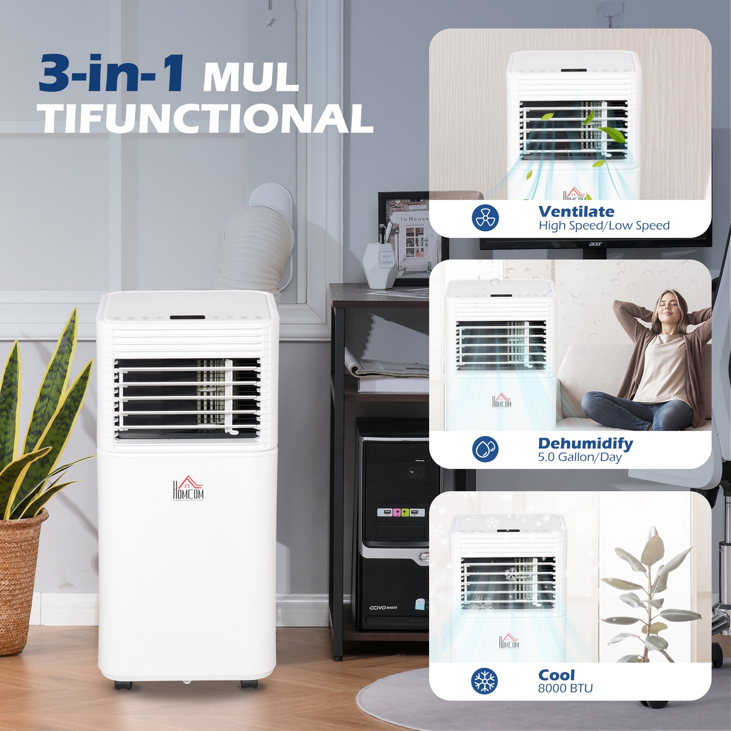 8000 BTU portable air conditioner showcasing its 3-in-1 multifunctional features for cooling and dehumidifying.