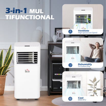 8000 BTU portable air conditioner showcasing its 3-in-1 multifunctional features for cooling and dehumidifying.