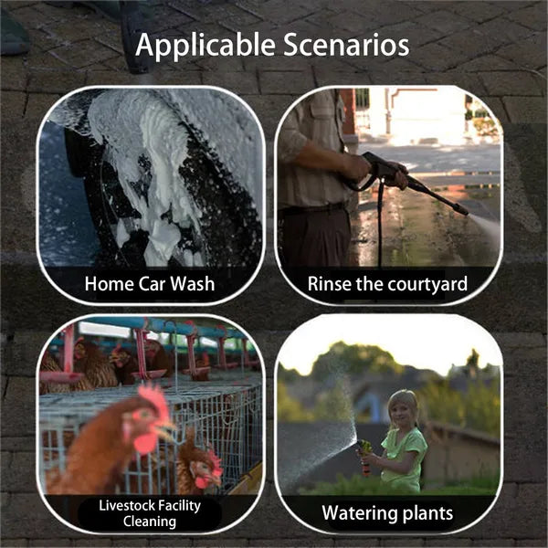 Applicable scenarios for cordless high pressure cleaner with batteries: car wash, courtyard rinse, livestock cleaning, and watering plants.
