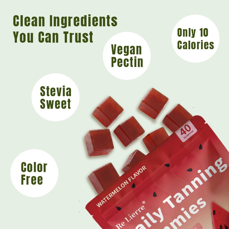 Re Lierre Daily Tanning Gummies with watermelon flavor, featuring clean ingredients and vegan pectin, only 10 calories.
