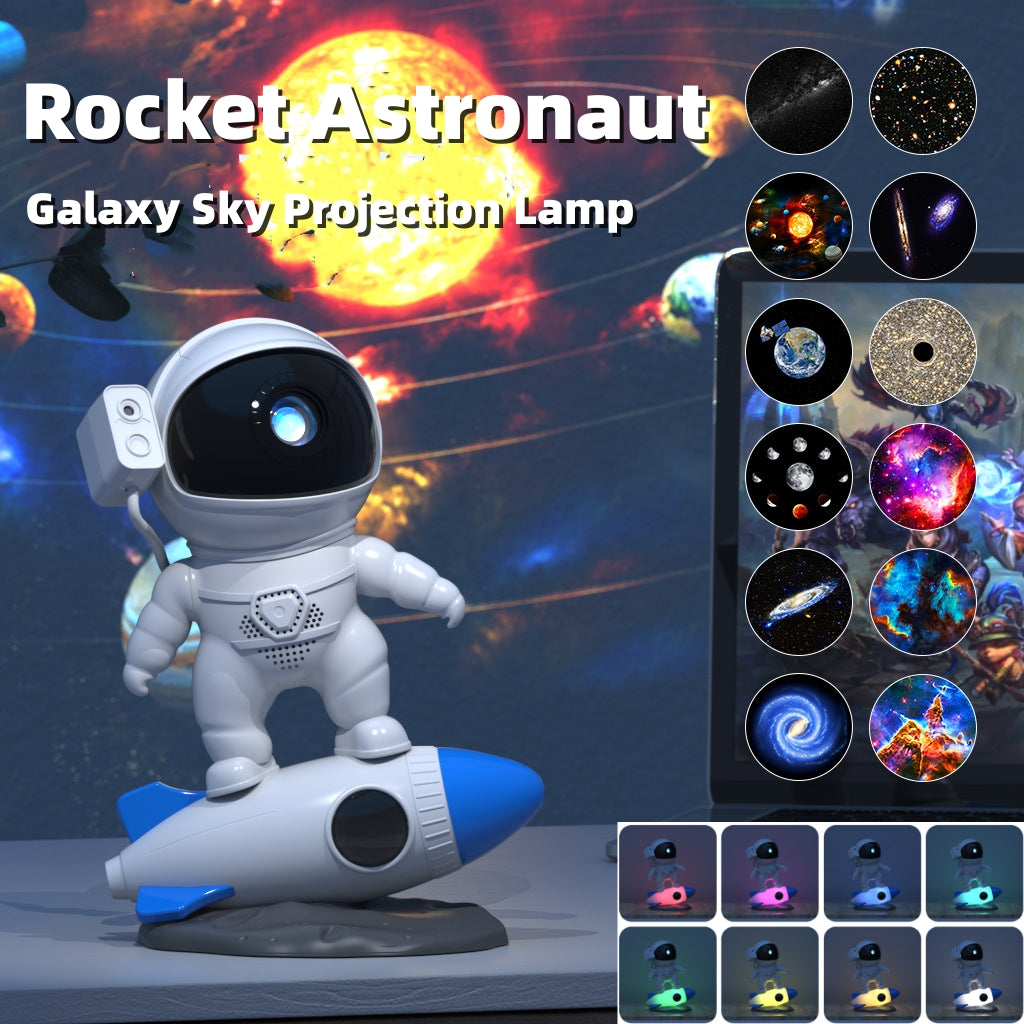 Rocket Astronaut Galaxy Starry Sky Projector Lamp Desktop with vibrant cosmic projection patterns.