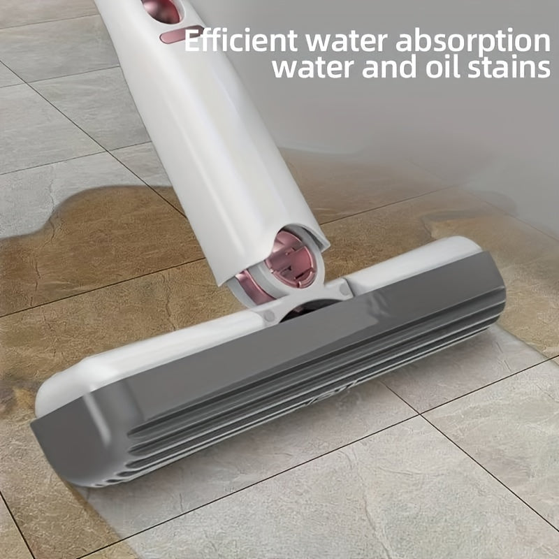 Portable self-squeezing mini mop efficiently absorbs water and oil stains on various surfaces.