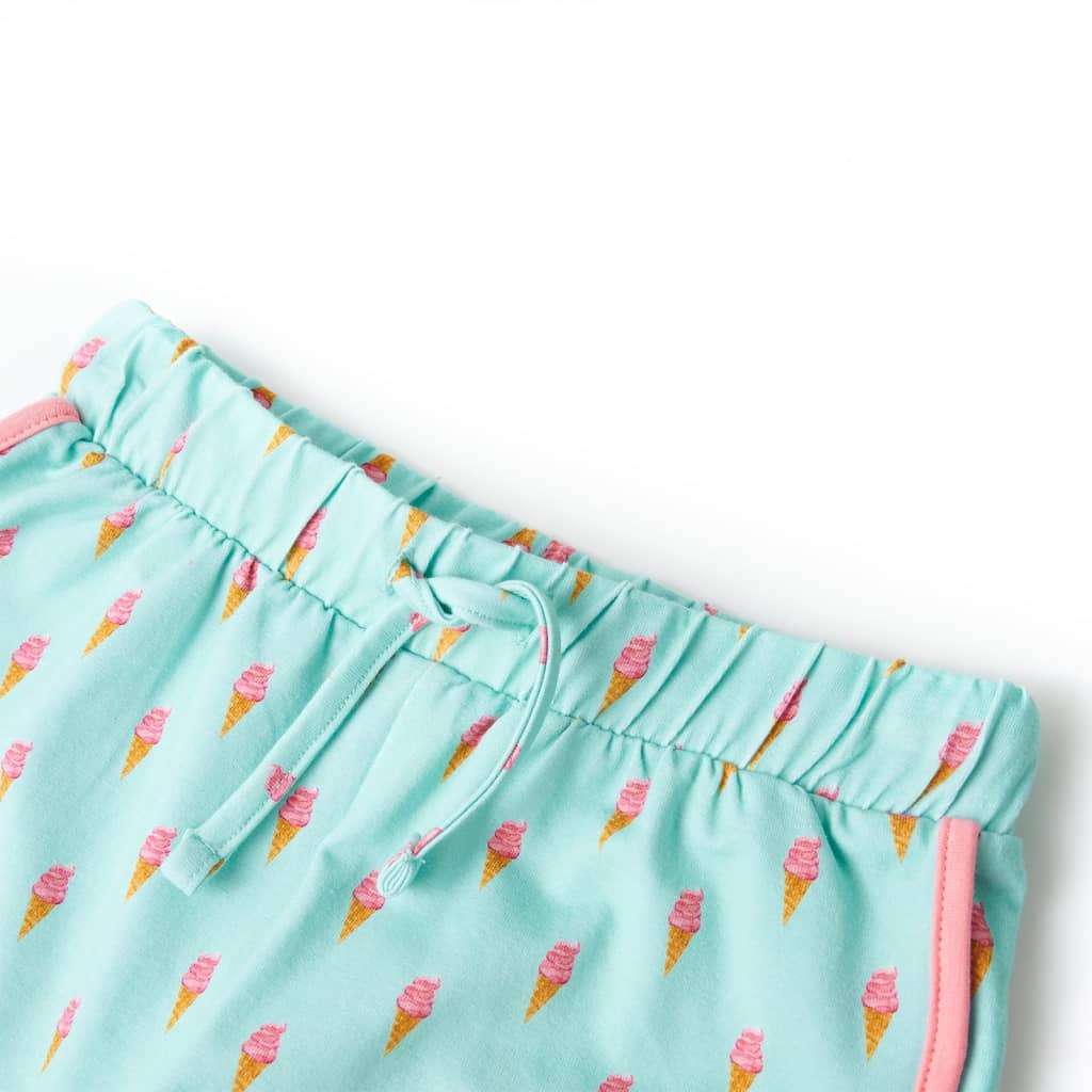 light mint green children's shorts with drawstring and ice cream cone print