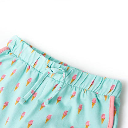 light mint green children's shorts with drawstring and ice cream cone print