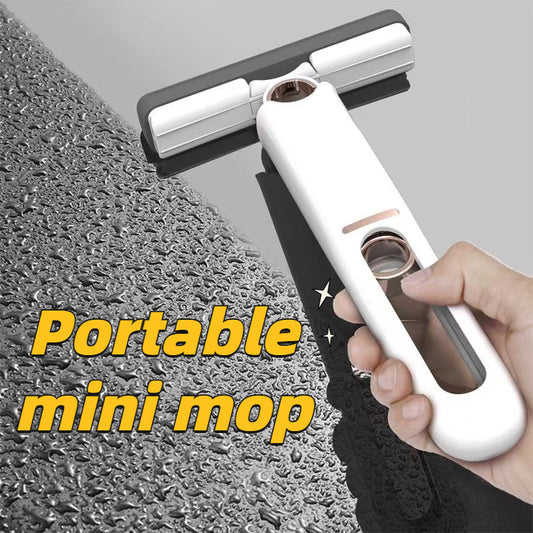 portable self-squeezing mini mop cleaning glass surface with a hand grip, perfect for home and on-the-go use.