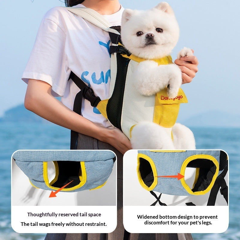 Portable double-shoulder backpack for pet outings with features like reserved tail space.
