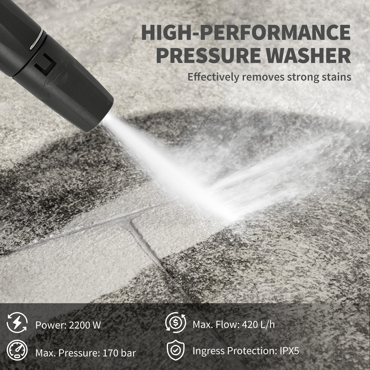 2200W portable electric pressure washer cleaning strong stains effectively with high-pressure jet.